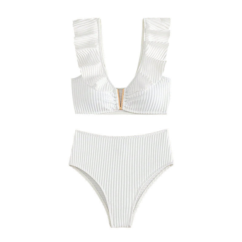 Damen hochtailliertes Bikini-Set mit Rüschendetails und goldenen Akzenten Drune