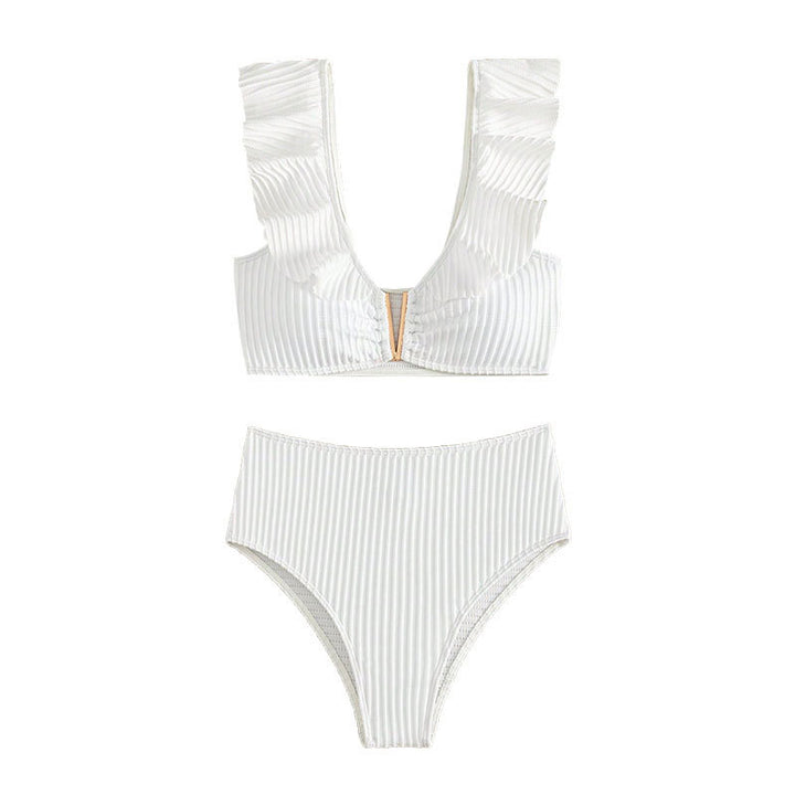Damen hochtailliertes Bikini-Set mit Rüschendetails und goldenen Akzenten Drune