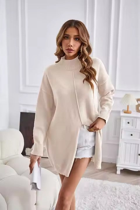 Damen Grobstrickpullover mit hohem Kragen und asymmetrischem Schnitt Drune