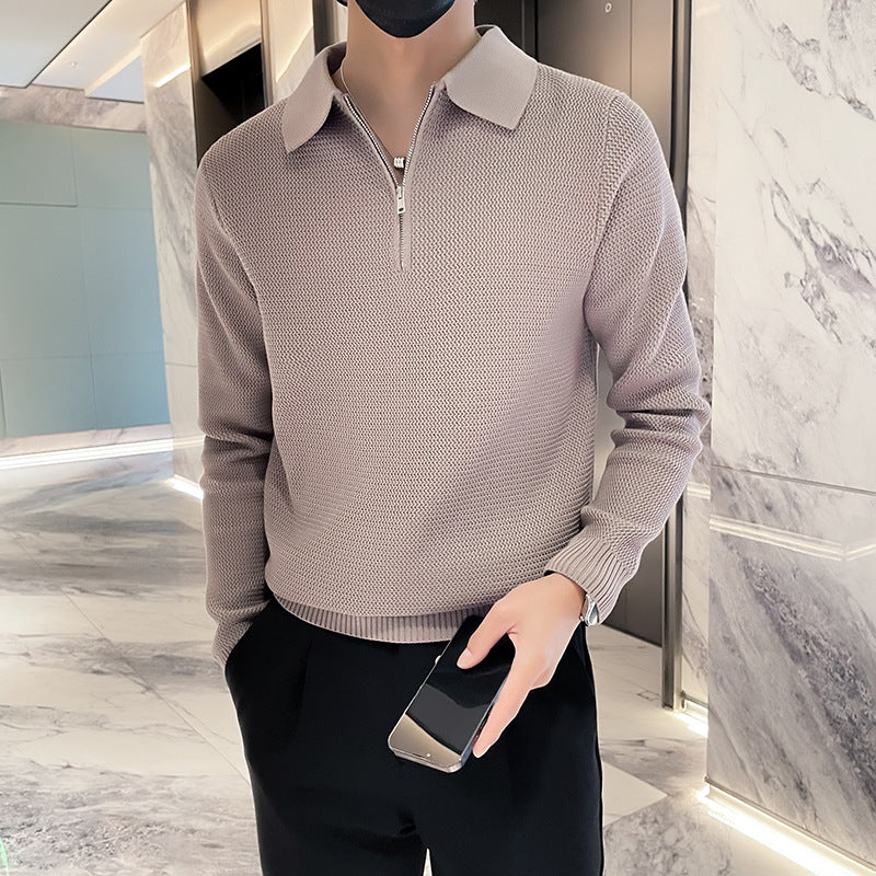Herren Strukturierter Halbzip-Strickpolopullover mit Reißverschlusskragen Drune