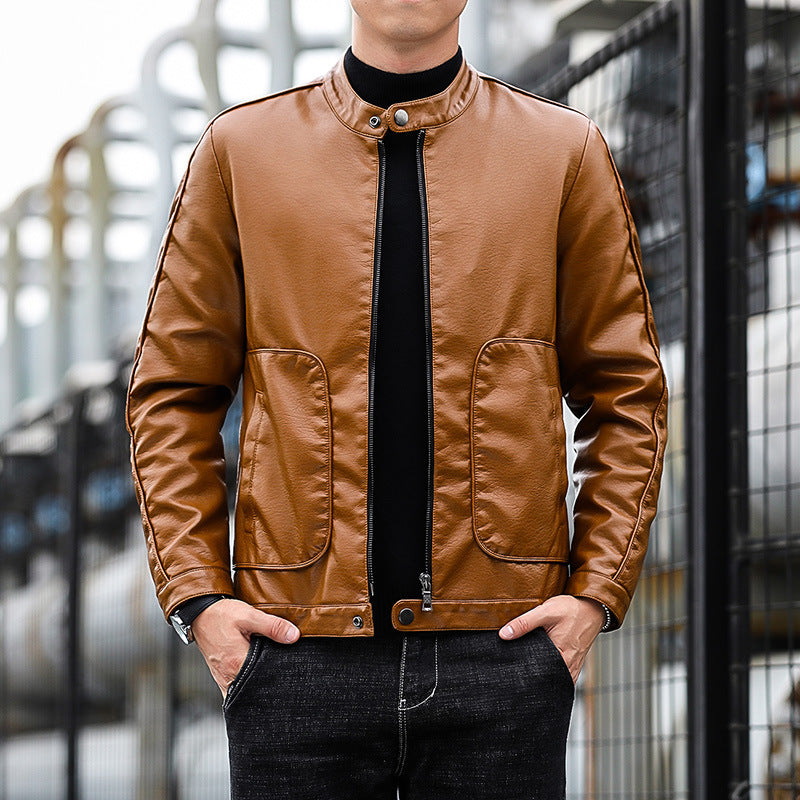 Herren Slim-Fit Kunstlederjacke im Bikerblouson-Stil mit Stehkragen und aufgesetzten Rundtaschen Drune
