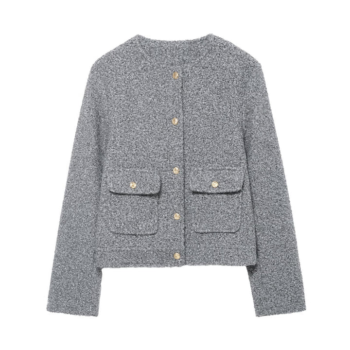 Damen Bouclé Cropped Jacke mit Goldknöpfen und aufgesetzten Pattentaschen Drune