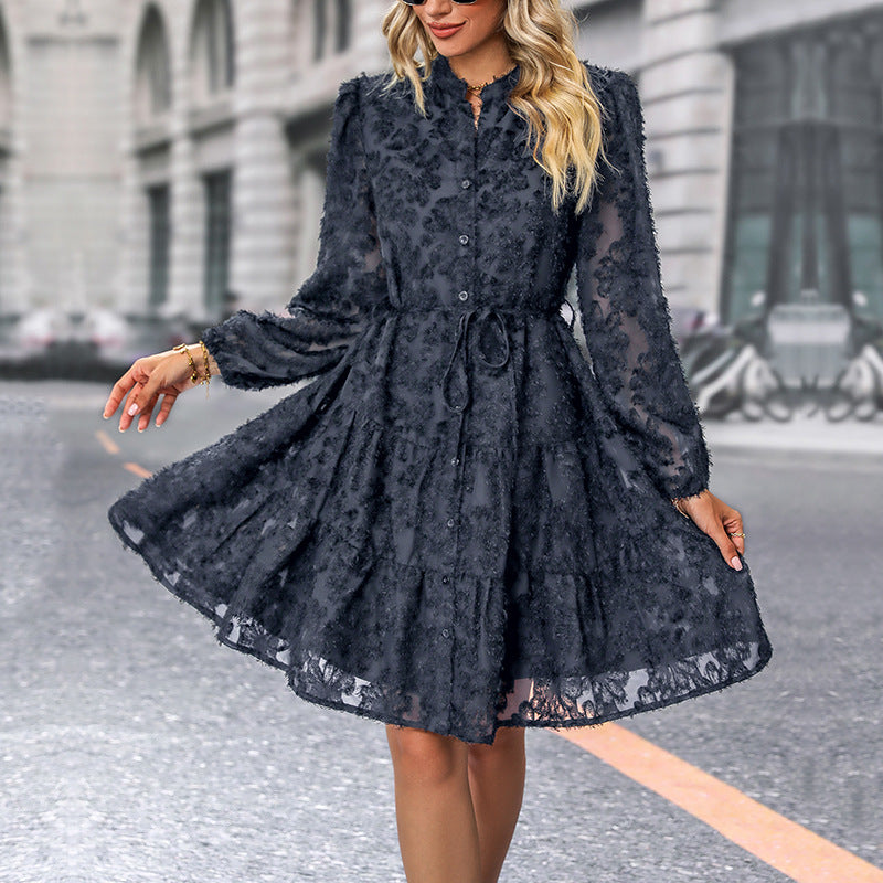 Damen Elegantes Langarmkleid mit Rüschen Drune
