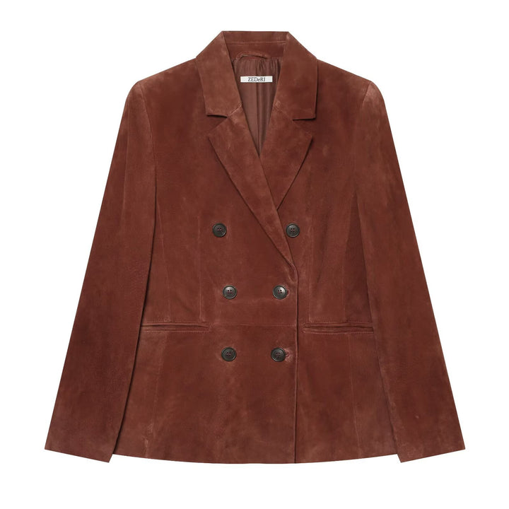 Damen Cropped zweireihiger Veloursblazer mit taillierter Passform und Leistentaschen Drune