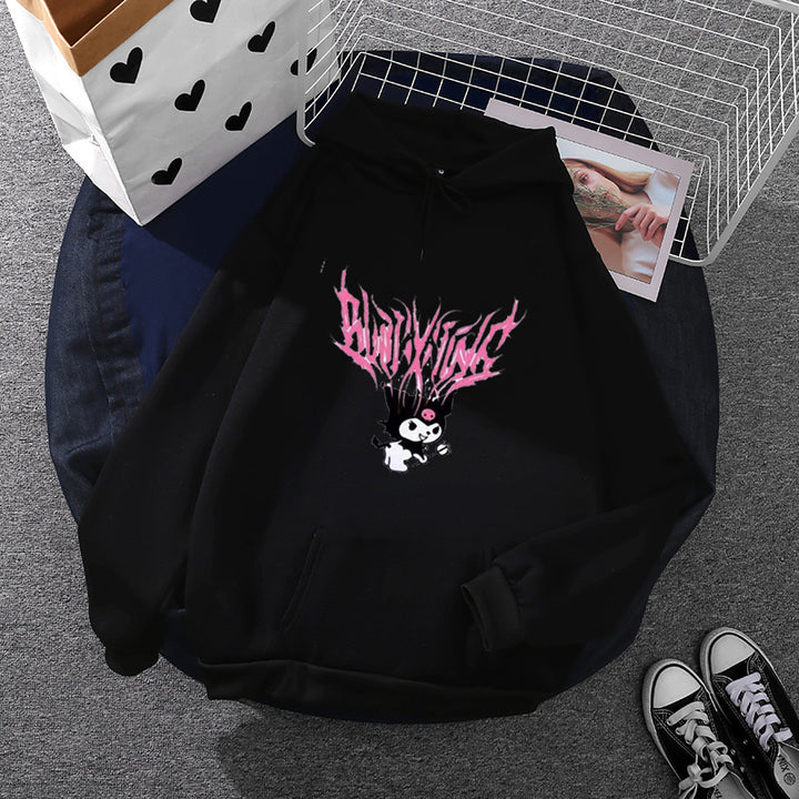 Damen nan lockeres Kapuzensweatshirt aus angerautem Fleece mit Kängurutasche und kawaii-Charakter-Print Drune