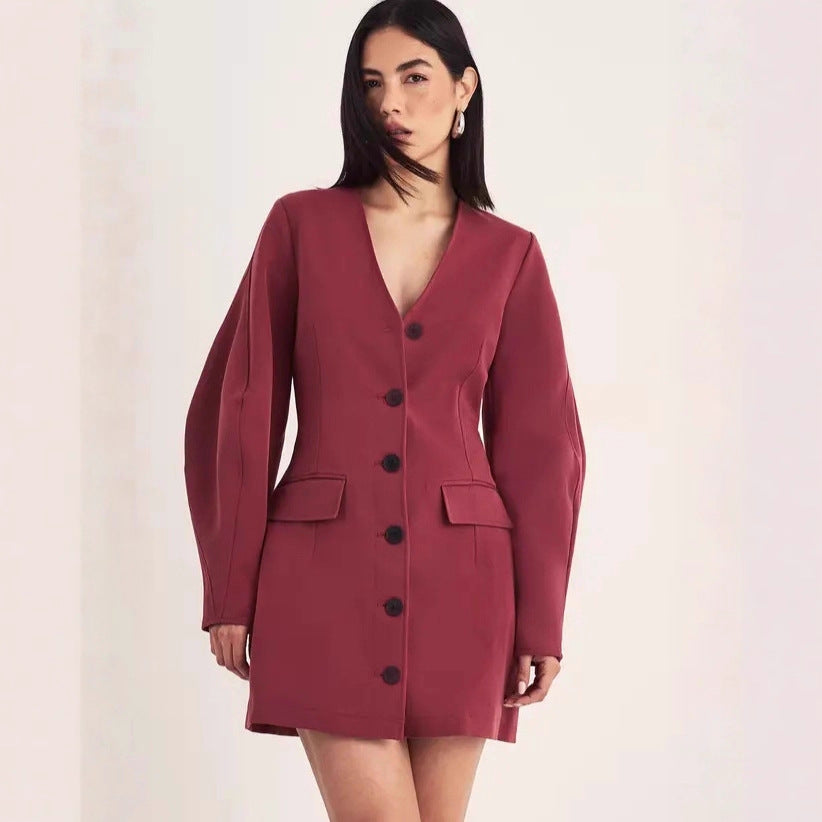 Damen Tailliertes Blazer-Minikleid mit Ballonärmeln und Pattentaschen Drune
