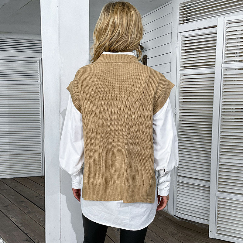Damen Oversize Strickweste mit Zopfmuster und Rundhalsausschnitt Drune