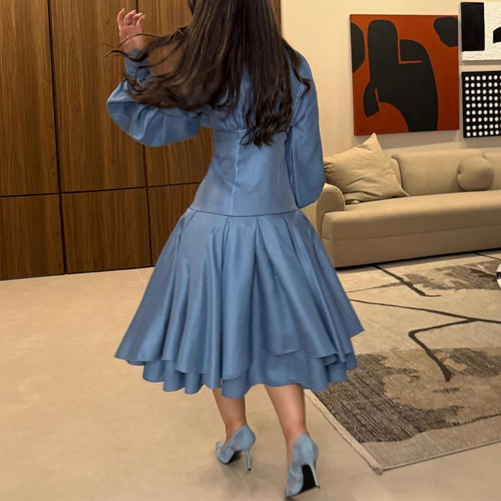 Damen Vintage-inspiriertes A-Linien-Kleid mit eleganten Puffärmeln und Knopfleiste Drune