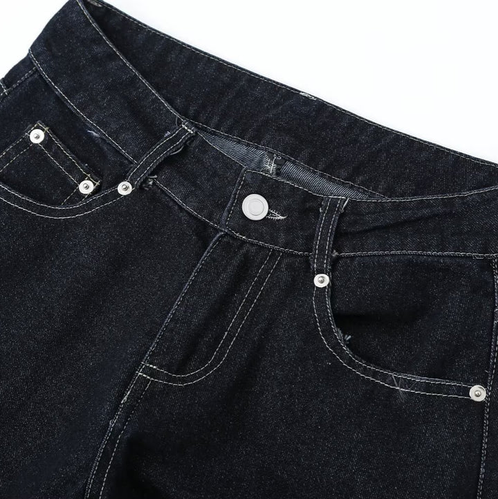Damen High-Waist Jeanshose mit weitem Bein und Kontrastnähten Drune