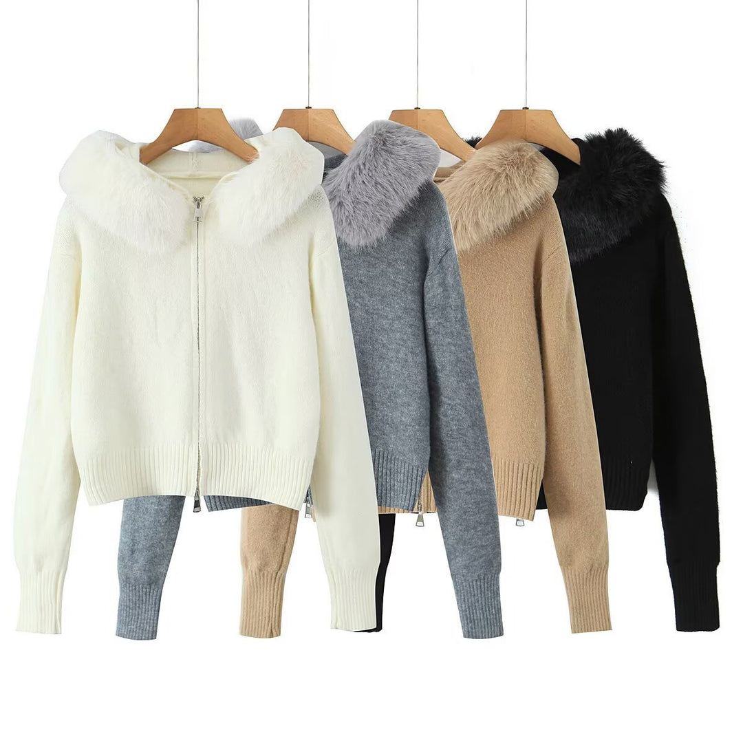 Damen Kurze Strickjacke mit Reißverschluss und abnehmbarem Kunstpelzkragen Drune