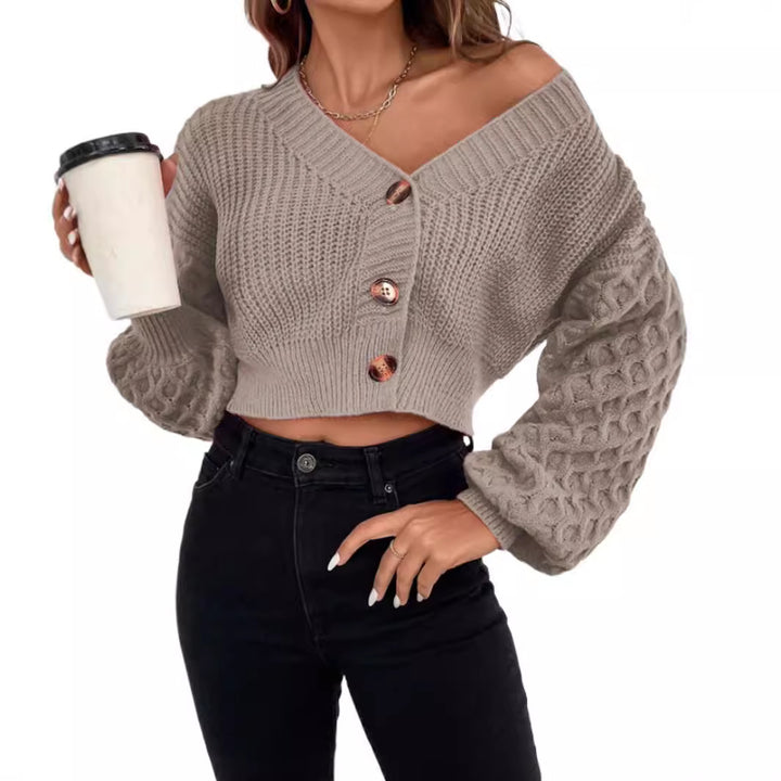 Damen Strickjacke mit tiefem V-Ausschnitt und Puffärmeln Drune
