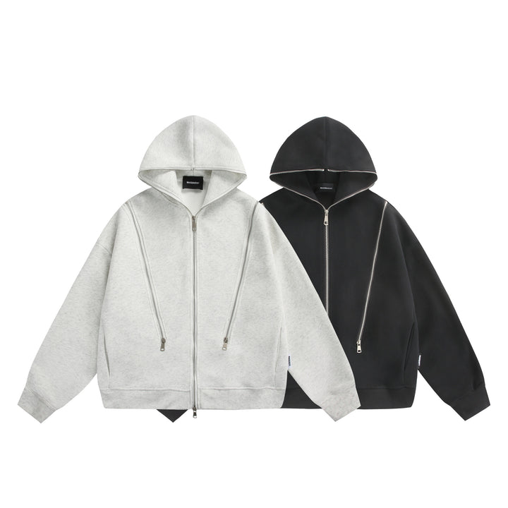Unisex Kapuzen-Sweatjacke mit Doppelreißverschluss und Ziernaht-Panel Drune