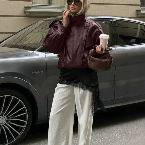 Damen Kurz geschnittener Lederblouson mit hohem Stehkragen, kastiger Silhouette und voluminösen Ärmeln Drune