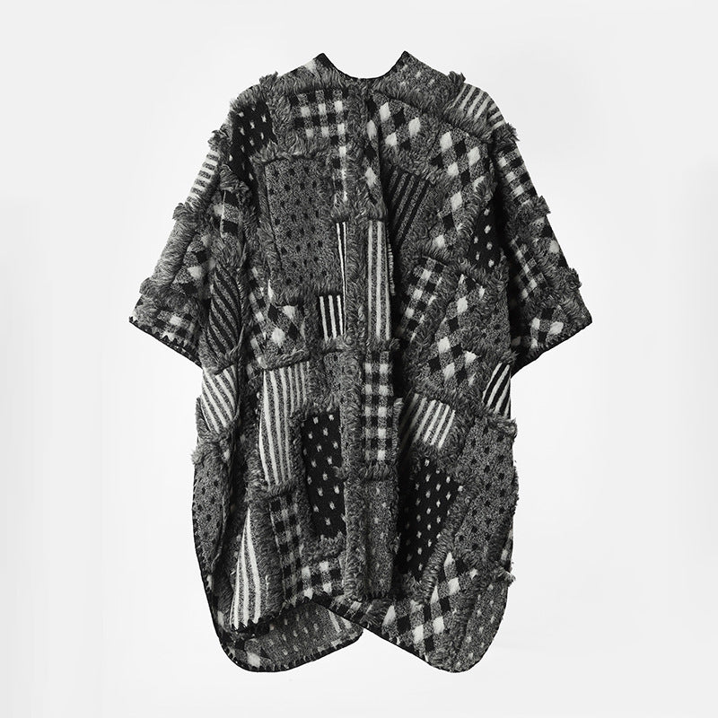 Damen Oversize-Patchwork-Cape im Bouclé- und Jacquard‑Mix mit kastiger Kurzarm-Silhouette Drune