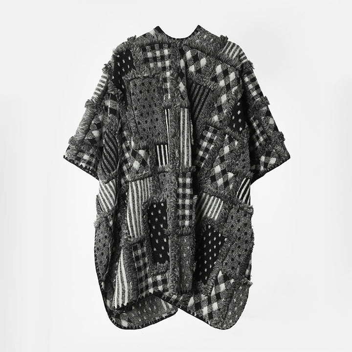 Damen Oversize-Patchwork-Cape im Bouclé- und Jacquard‑Mix mit kastiger Kurzarm-Silhouette Drune