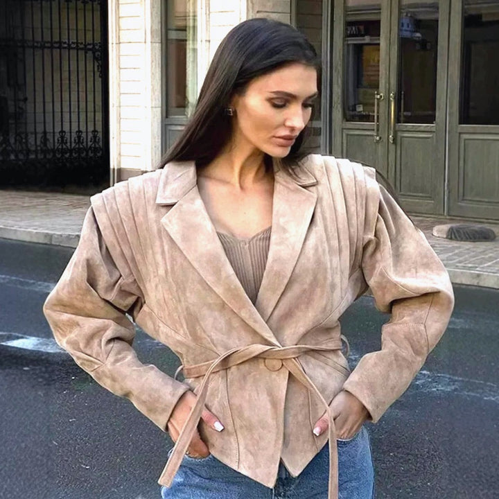 Damen trendige taillierte Blazerjacke mit strukturierten Schultern Drune