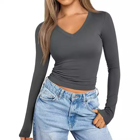 Damen Figurnahes Langarm-Cropped-Shirt mit V-Ausschnitt und elastischem Taillenbund Drune