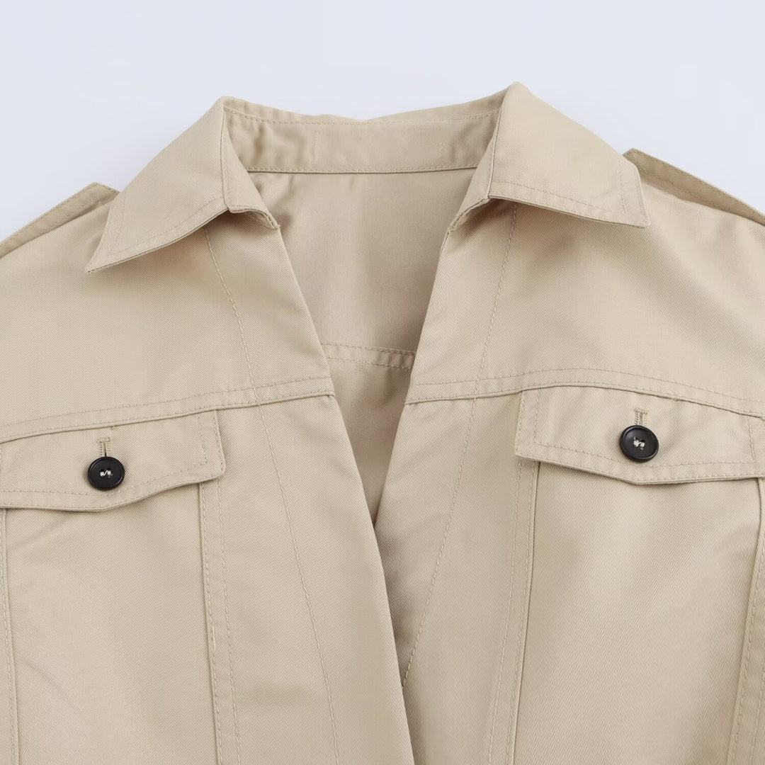 Damen Langer taillierter Trenchcoat mit Bindegürtel, Hemdkragen und Schulterpatten Drune