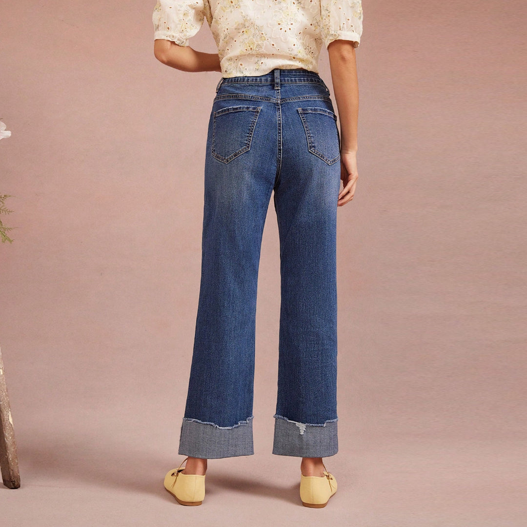 Damen Hochtaillierte Cropped-Jeans mit weitem Bein und ausgefranstem Umschlag Drune