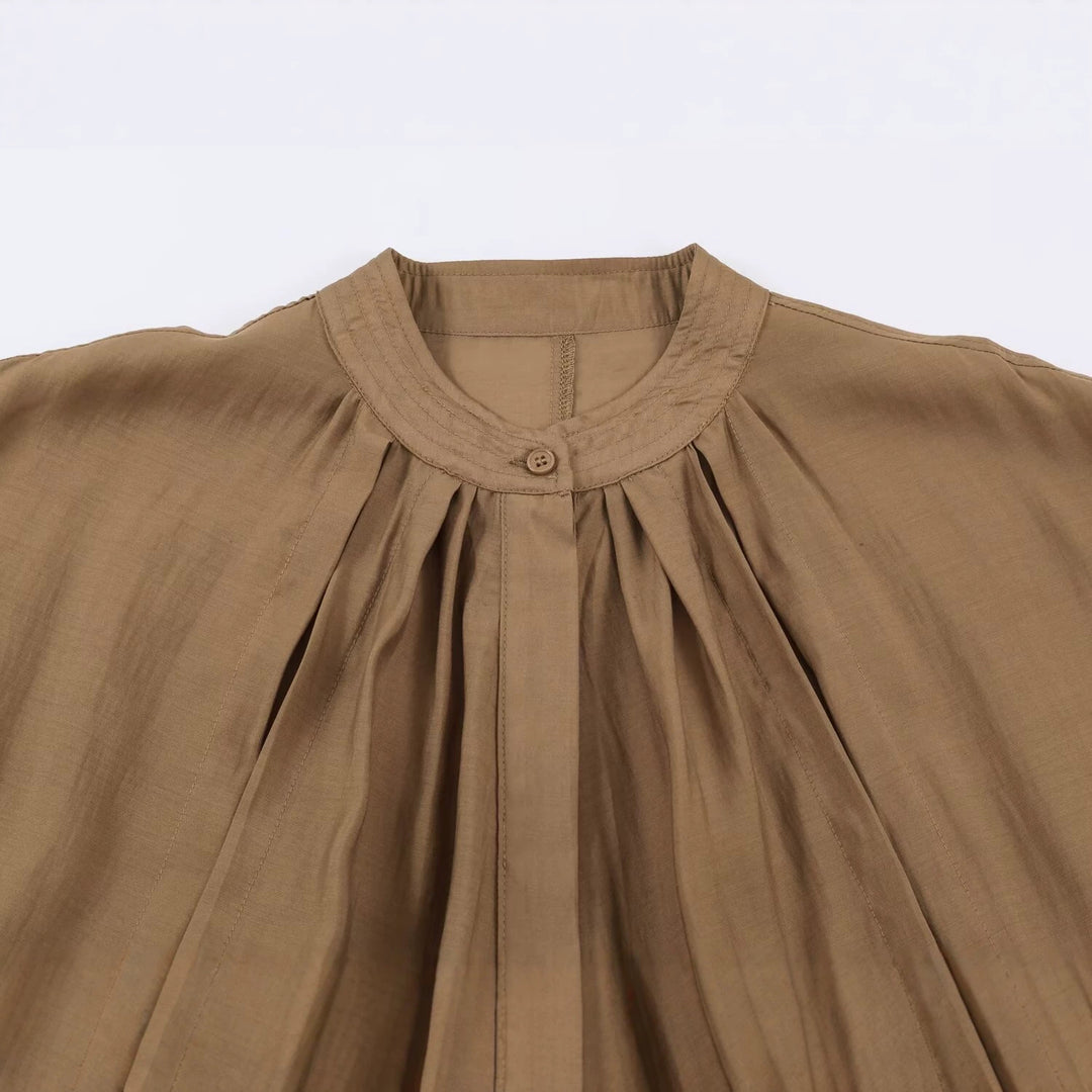 Damen Weites Plissiertes Blouson-Top mit Stehkragen und gesmoktem Saum Drune