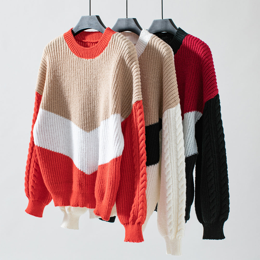 Damen Strickpullover mit modernen Farbblocklinien und Zopfmuster Drune