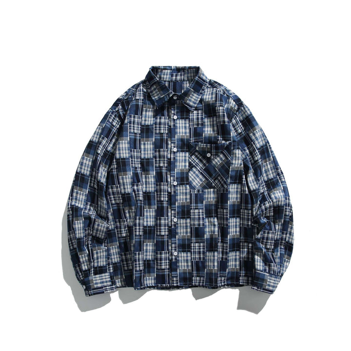 Unisex Patchwork-Karo-Hemdjacke im Oversize-Boxy-Schnitt mit Brusttasche und Kentkragen Drune