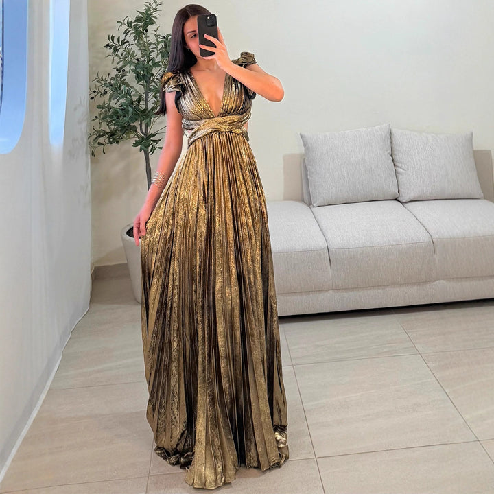 Damen Elegantes Maxikleid mit tiefem V-Ausschnitt und Rüschendetails Drune
