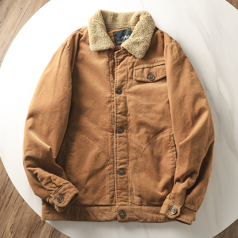 Herren nan gefütterte Cordjacke mit Teddykragen, Knopfleiste und aufgesetzten Taschen Drune