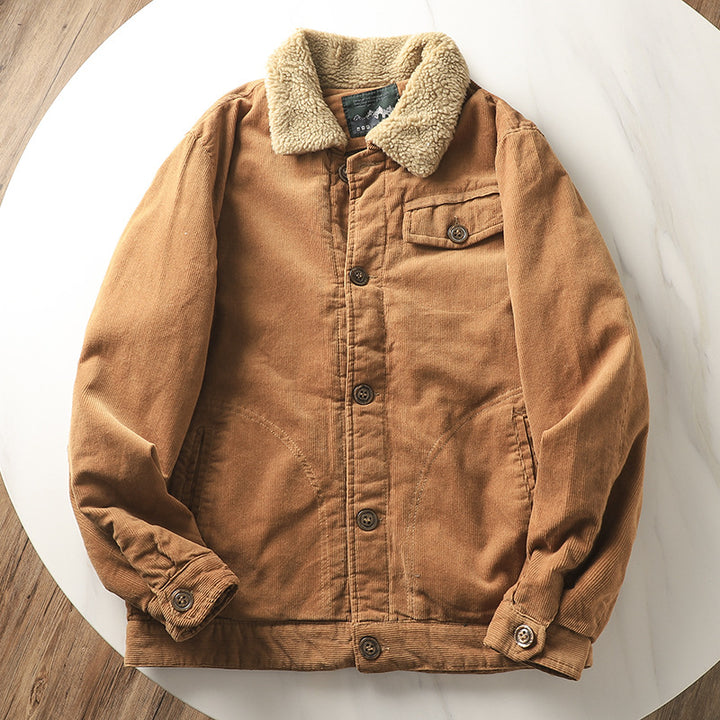 Herren  gefütterte Cordjacke mit Teddykragen, Knopfleiste und aufgesetzten Taschen Drune