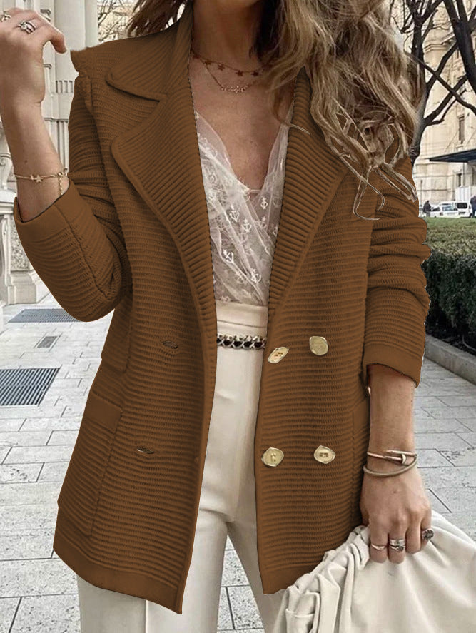 Damen Strukturierter Strick-Blazer mit Reverskragen und Doppelknopfleiste Drune