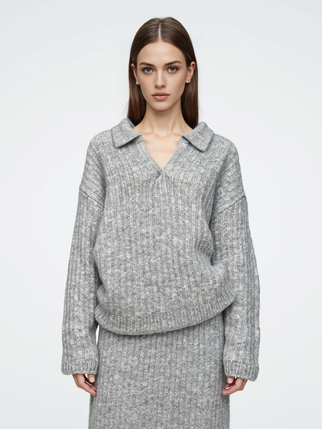 Damen Oversize-Grobstrick-Set mit Polokragen und Midirock Drune