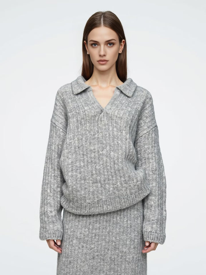 Damen Oversize-Grobstrick-Set mit Polokragen und Midirock Drune