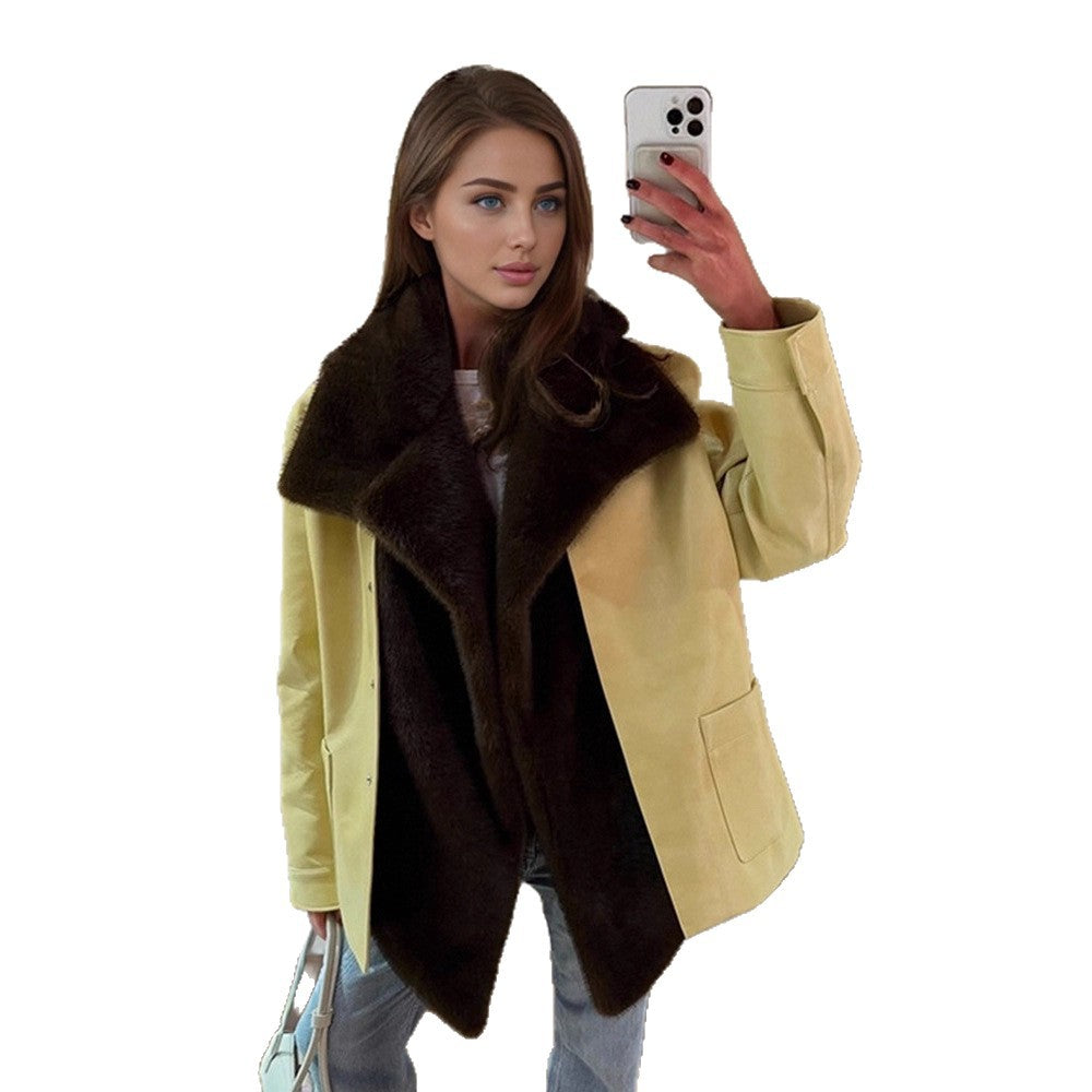 Damen Eleganter Oversize-Mantel aus Veloursleder‑Optik mit voluminösem Faux‑Fur‑Schalkragen Drune