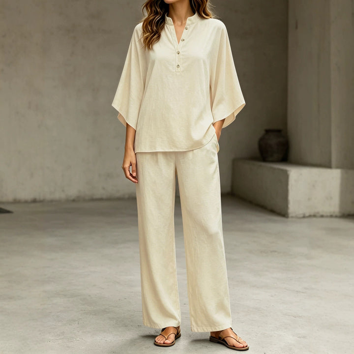 Damen Leichtes Jersey-Set mit Oversize-Henleybluse, Kimonoärmeln und weiter Bundhose Drune