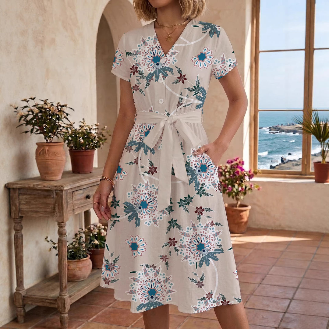 Damen Midikleid mit floralem Muster und Taillengürtel Drune