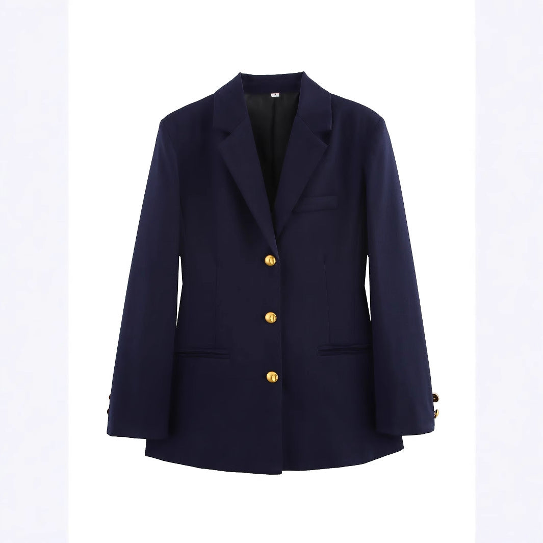 Damen elegante karierte Blazerjacke mit Goldknöpfen Drune