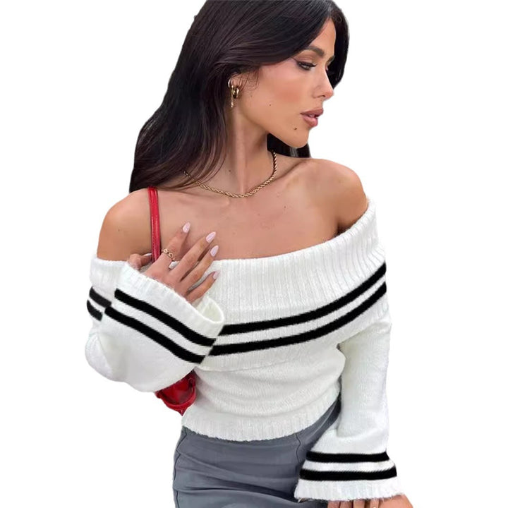 Damen Off-Shoulder Crop-Pullover mit lässigen Streifen Drune
