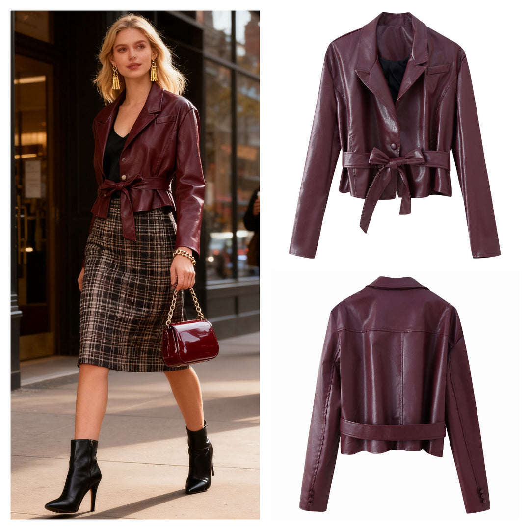 Damen Kunstleder Blazerjacke mit tailliertem Schnitt und schickem Bindegürtel Drune