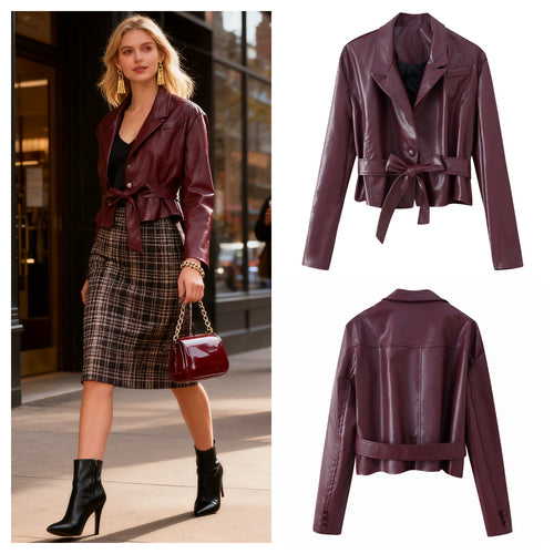 Damen Kunstleder Blazerjacke mit tailliertem Schnitt und schickem Bindegürtel Drune