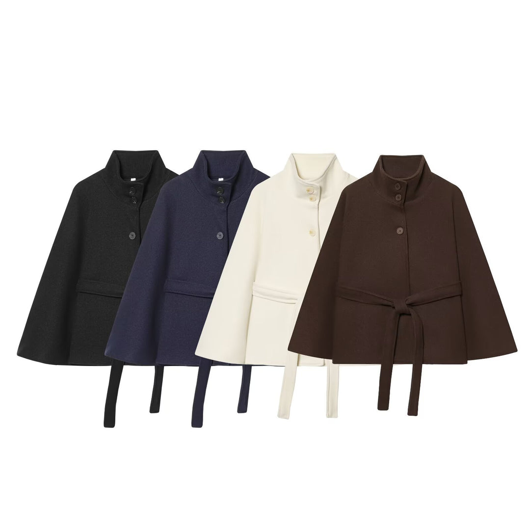 Damen Kurzes Cape-Mantel mit Stehkragen, Knopfleiste und Bindegürtel Drune