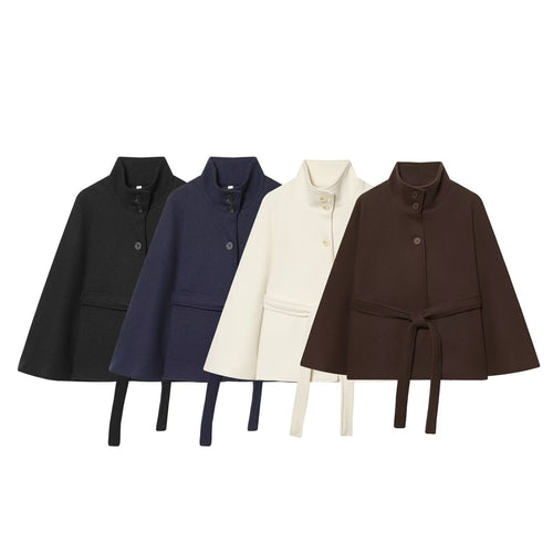 Damen Kurzes Cape-Mantel mit Stehkragen, Knopfleiste und Bindegürtel Drune