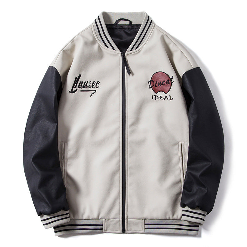 Herren Retro-College-Bomberjacke aus Kunstleder mit gestickten Logos und Rippsaum Drune