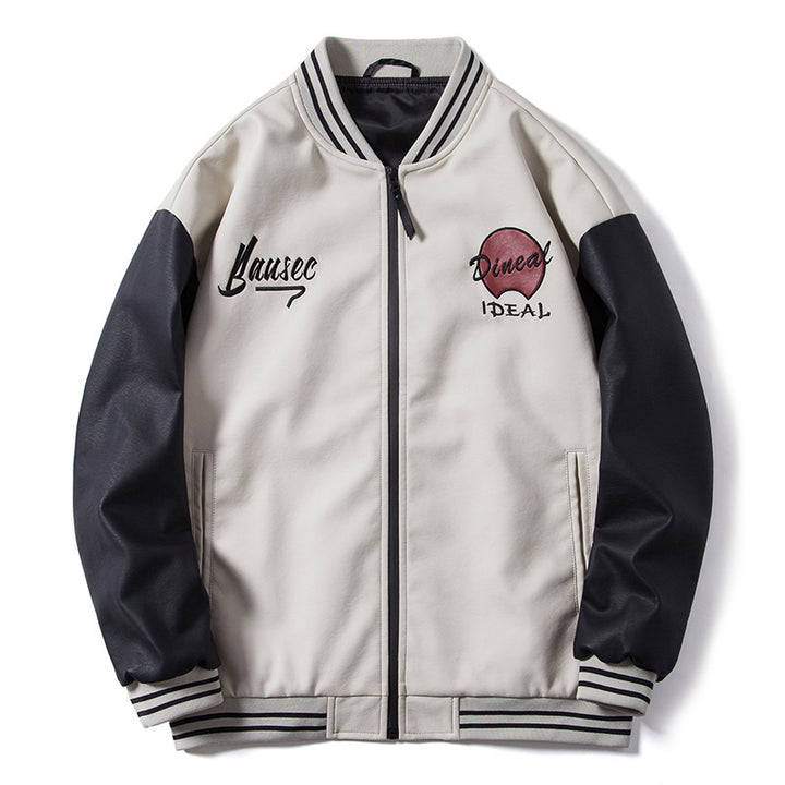 Herren Retro-College-Bomberjacke aus Kunstleder mit gestickten Logos und Rippsaum Drune