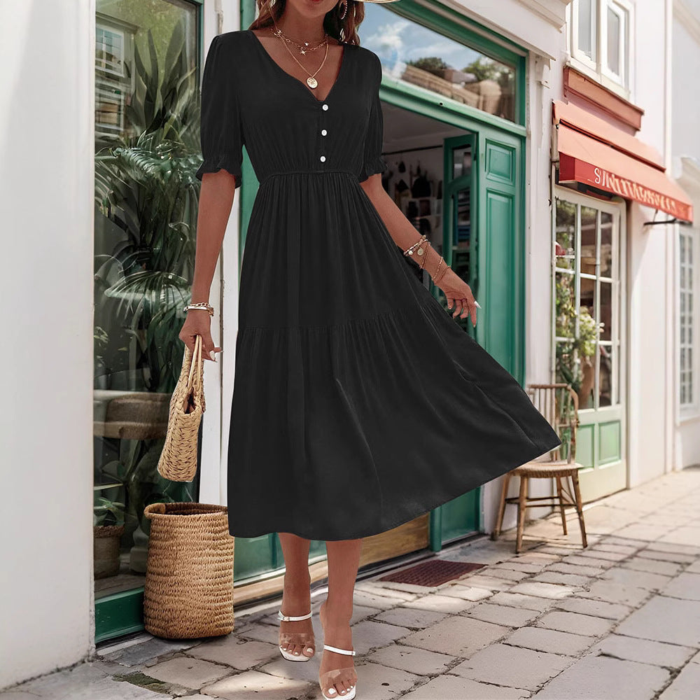 Damen Midi-Kleid mit knöpfbarem V-Ausschnitt und luftigen Puffärmeln Drune