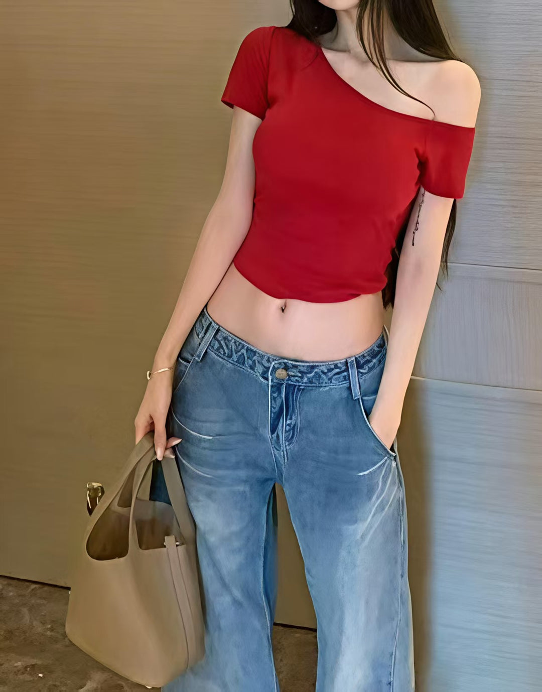 Damen lässiges Crop-Top im Off-Shoulder Stil Drune