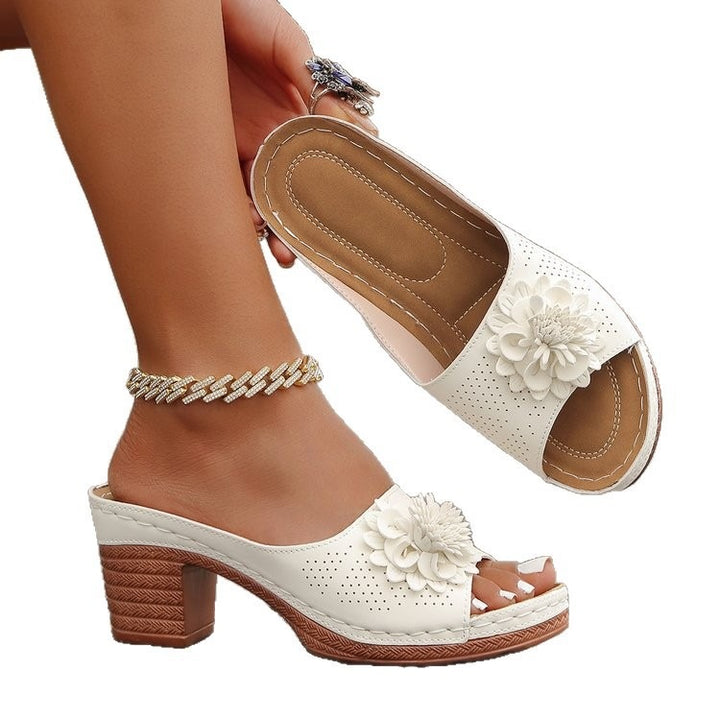 Damen Lederoptik-Peeptoe Mules mit Blütenapplikation und mittlerem Blockabsatz Drune