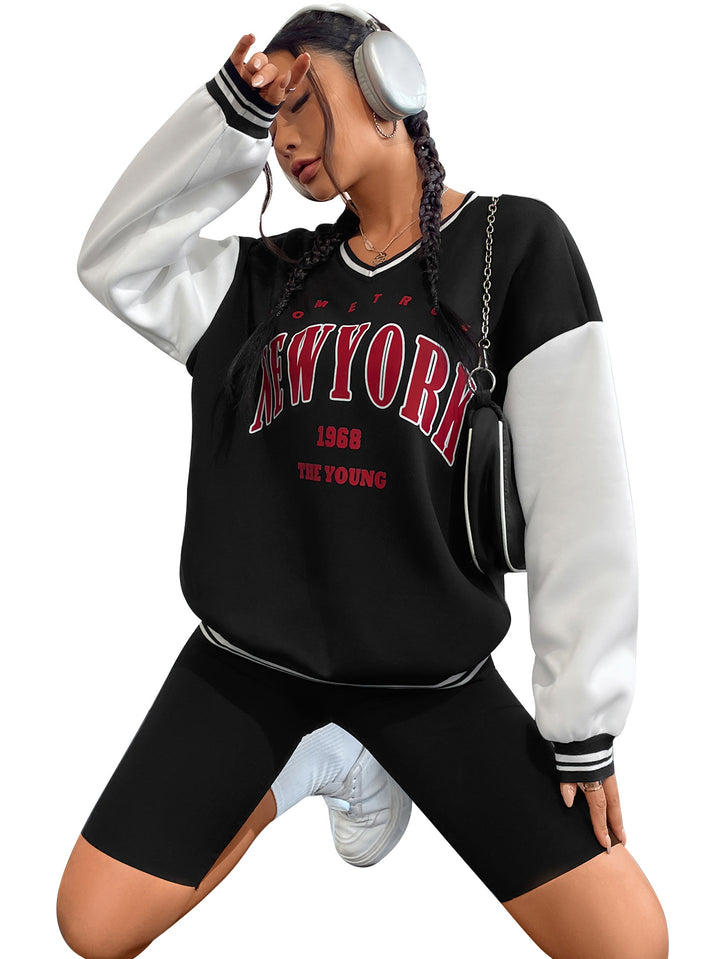 Damen lässiges Sweatshirt mit V-Ausschnitt und sportlichem Schriftzug Drune