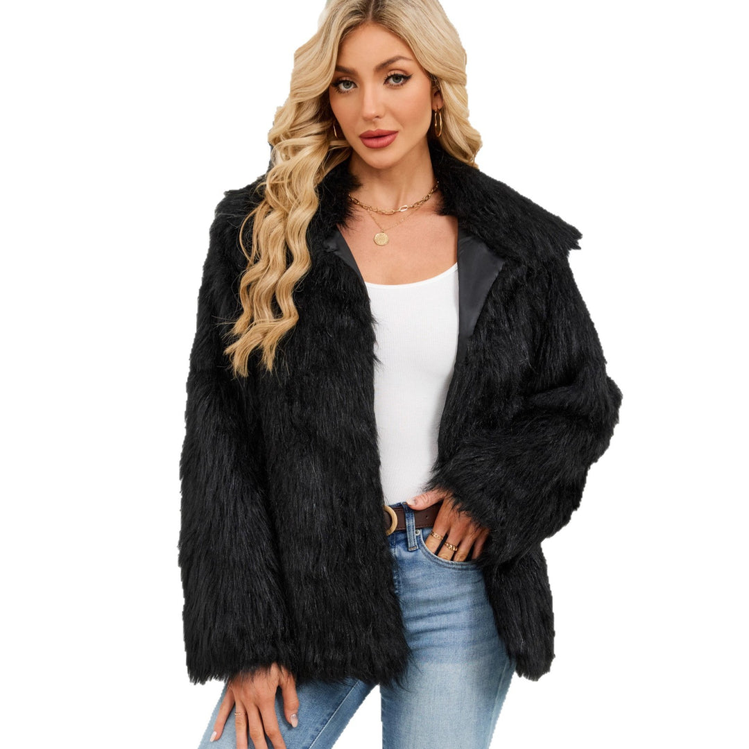 Damen Flauschige Kunstpelzjacke mit Umlegekragen und lockerer Passform Drune