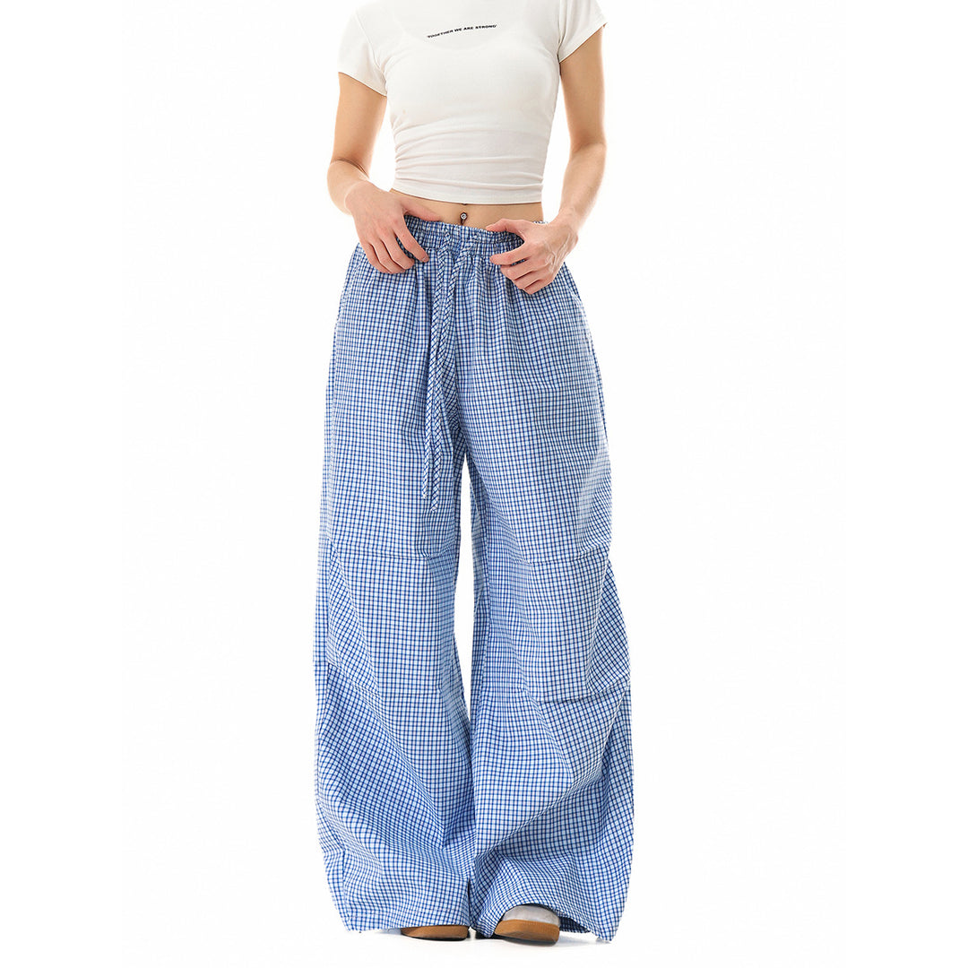 Damen Weite Baumwollhose mit elastischem Bund, Karomuster und verstellbarer Saumkordel Drune