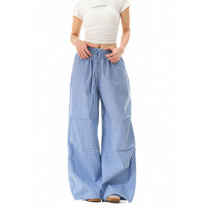 Damen Weite Baumwollhose mit elastischem Bund, Karomuster und verstellbarer Saumkordel Drune